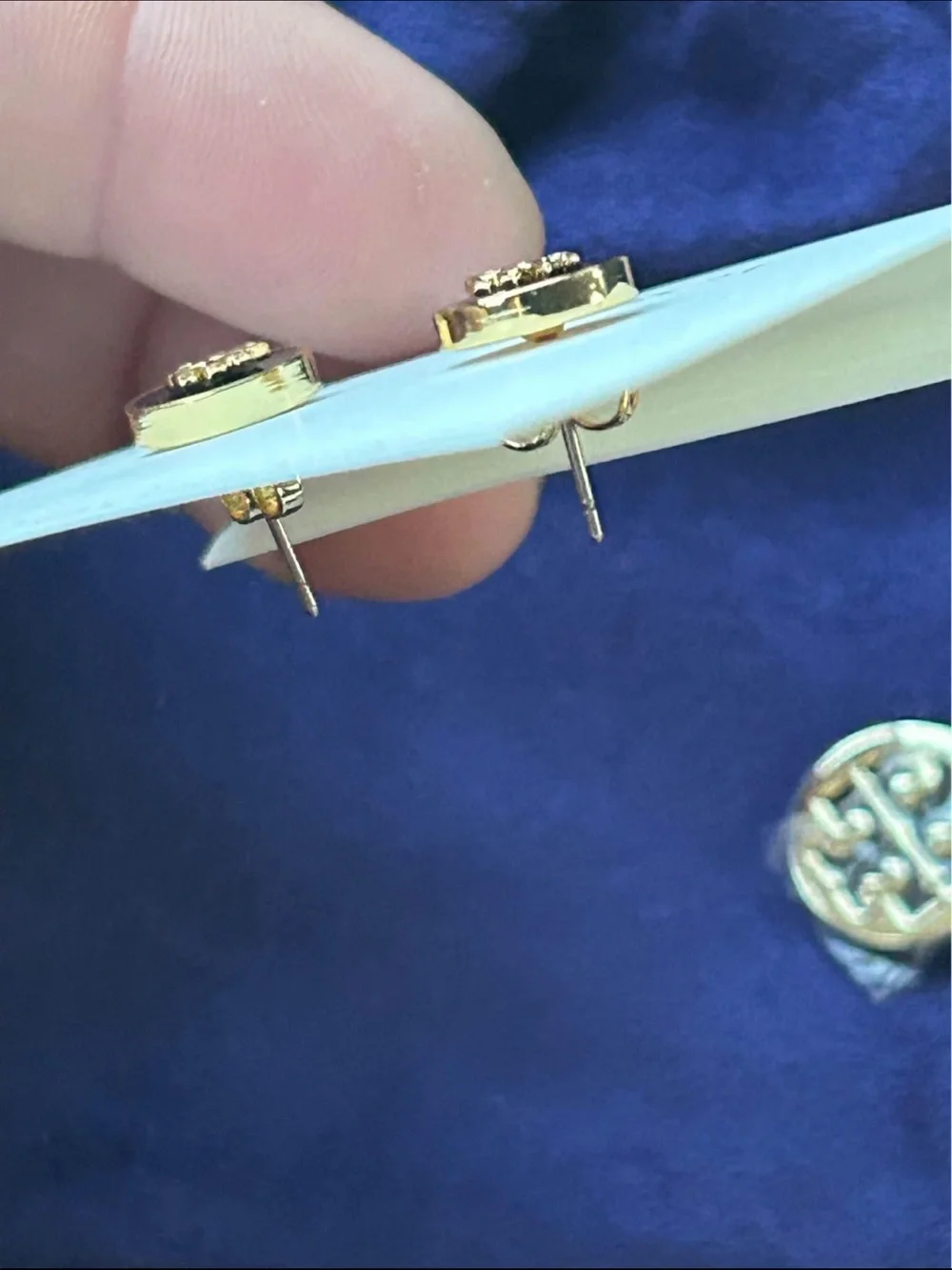 Tory Burch Rose Gold and Black Logo Disc Earrings and matching necklace set